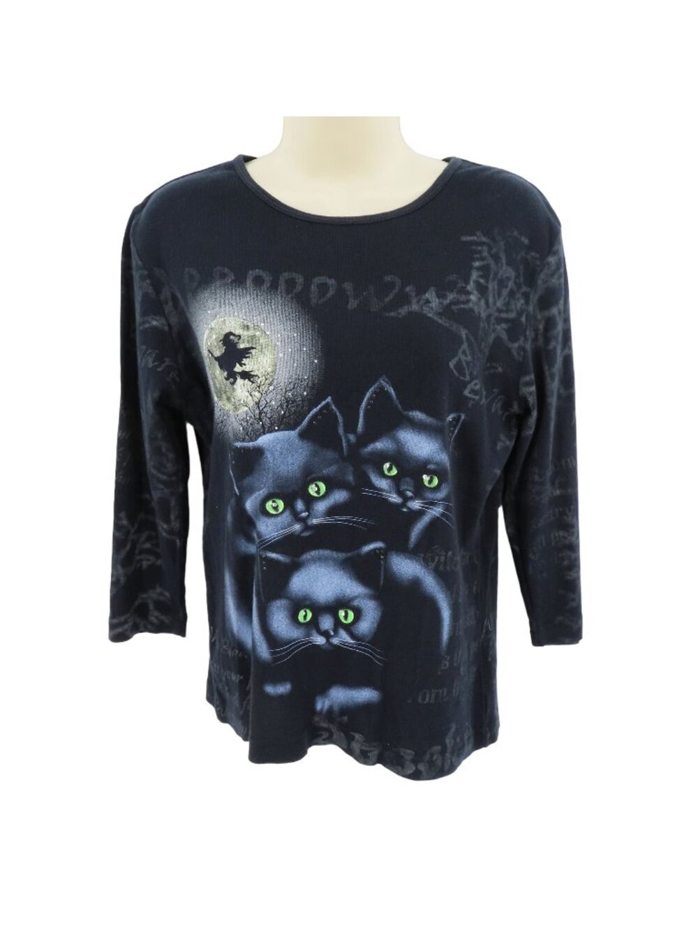 My Halloween Womens Small Rhinestone Black Cat Witch Spooky Shirt All Cotton